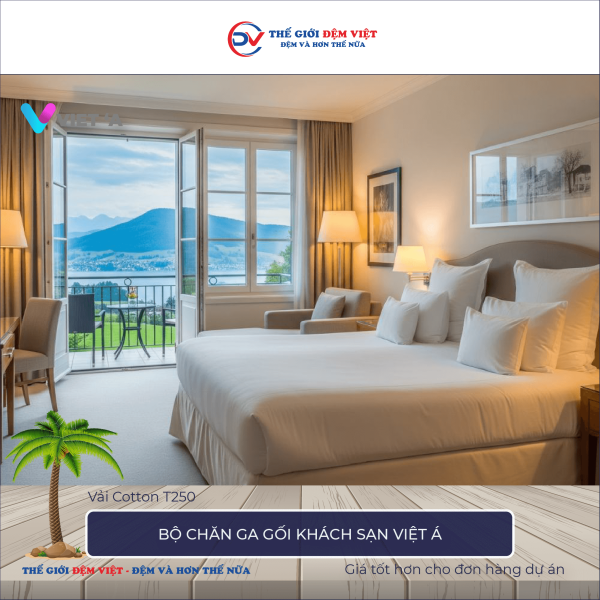 Bộ chăn ga gối khách sạn Việt Á vải Cotton T250 trắng trơn 8